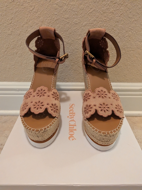 Chloe Shoes - See By Chloe Pink Floral Espadrille Wedge Sandals